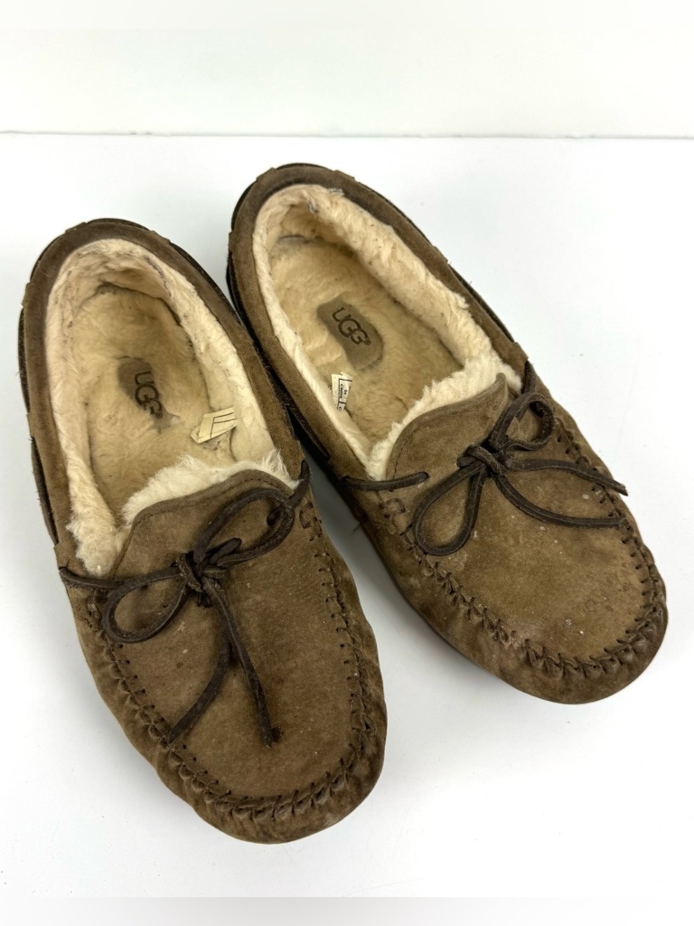 UGG Women’s Sz 7 Suede Leather Dakota Wool Lined Moccasin Slipper Brown Cozy Y2K